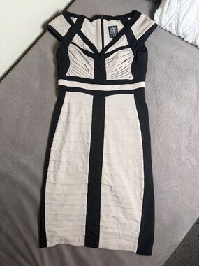 Jax Black and Beige Colorblock Midi Sheath Dress